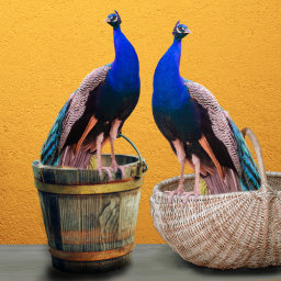 a peacock on a bucket and a peacock on a basket